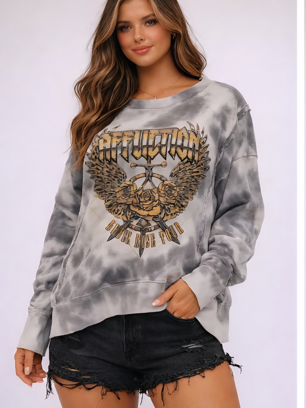 Affliction Gray Tie-Dye Graphic Pullover
